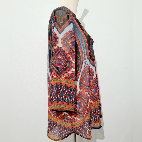 Gibson Latimer Women’s Tunic Top Medium Boho Geometric Print 3/4 Sleeve Sheer - Picture 3 of 11